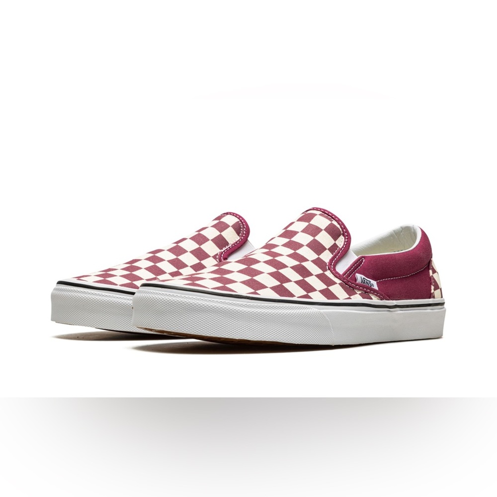 Dark pink classic slip on checkerboard low top vans sneakers size 8.5